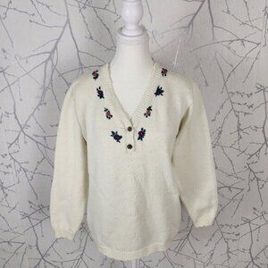 Northern Getaway VTG Ivory Cotton Knit Floral Embroidered Henley Sweater